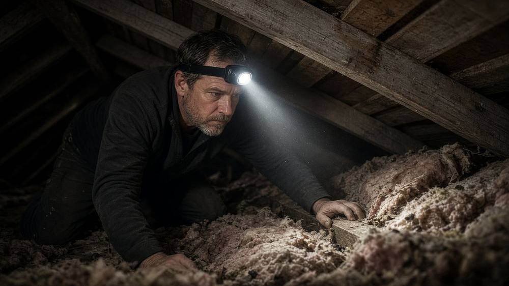 Headlamp inspection of attic framing and insulation