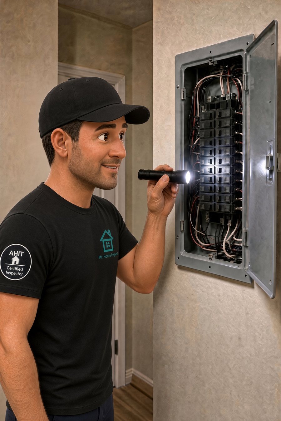 Cartoon inspector looking into a residential electrical panel