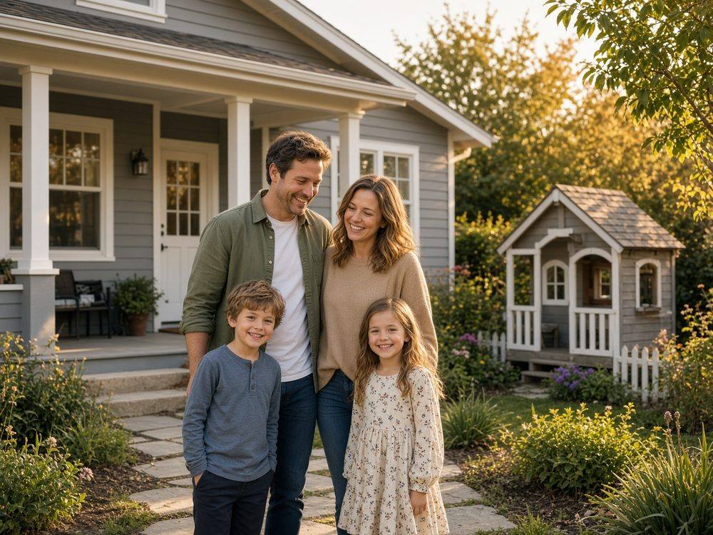 Family in front of a California home