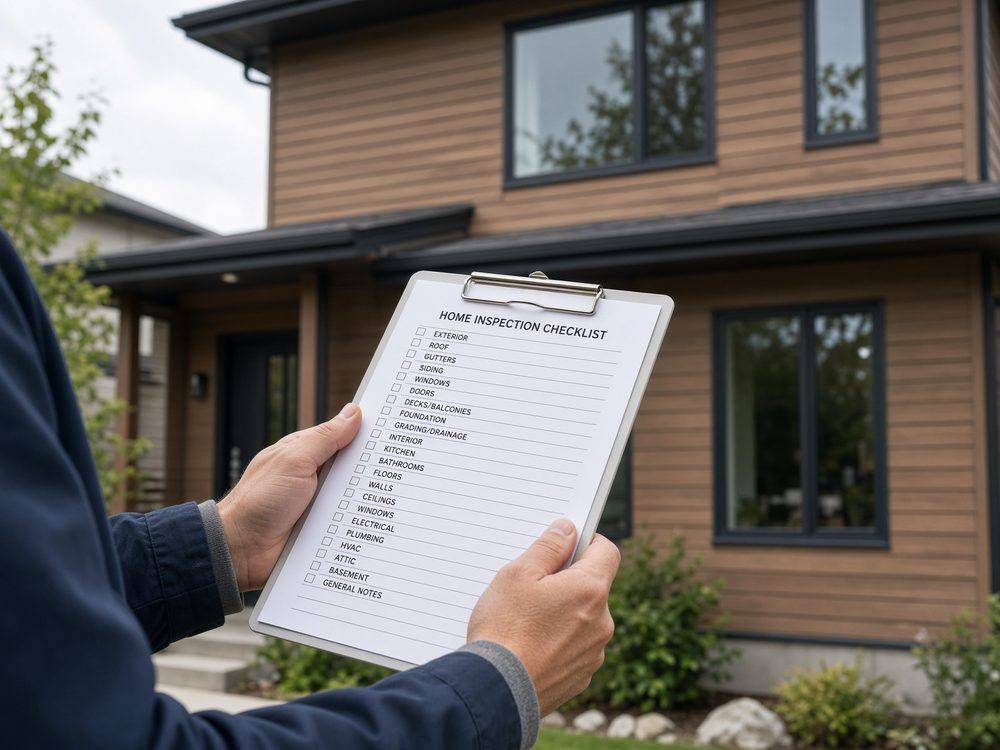 Inspector reviewing a checklist in front of a home